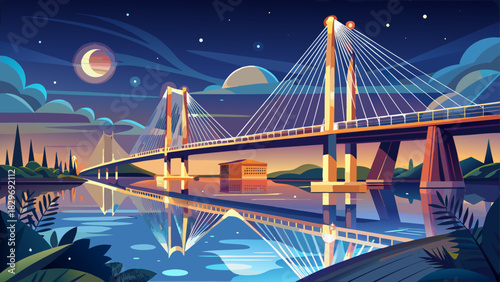 Very beautiful nighttime scene of an illuminated modern cable-stayed bridge reflecting on calm coastal waters, showcasing elegant lines, warm lights, and a peaceful Charleston shoreline under a clear 
