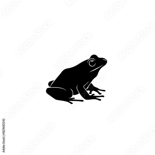 A black silhouette of a frog, depicted in a side profile, isolated on a white background, showcasing its distinct amphibian form.