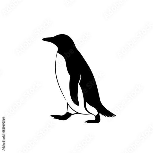 A black and white silhouette of a penguin standing upright, facing left.
