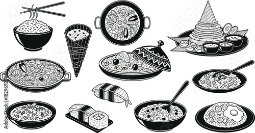 Hand drawn asian food collection in black and white style
