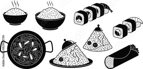Hand drawn rice dishes and sushi black and white