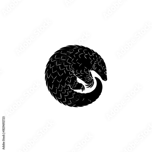Black silhouette of a pangolin curled into a defensive ball on a white background.