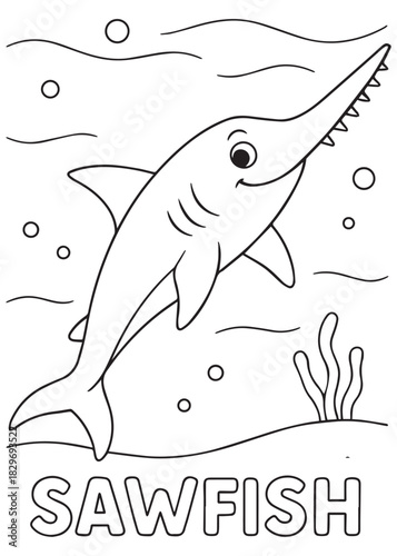 coloring book Sawfish – a sawfish swimming near coral and seaweed