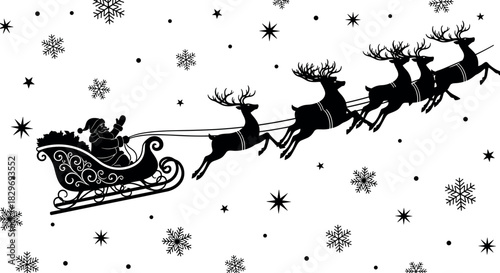 Black Silhouette Santa Claus Sleigh and Reindeer Flying Icon, Detailed Christmas Graphic with Snowflakes and Stars for Holiday Cards, Winter, and Eve Design