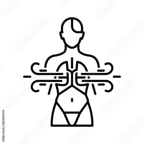 Line icon representing abdominal pain or stomach ache in a female torso, isolated on