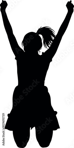 Black silhouette vector of a woman cheerleader jumping and cheering with arms raised in victory, symbolizing success, celebration, high energy, enthusiasm, and competitive team spirit.