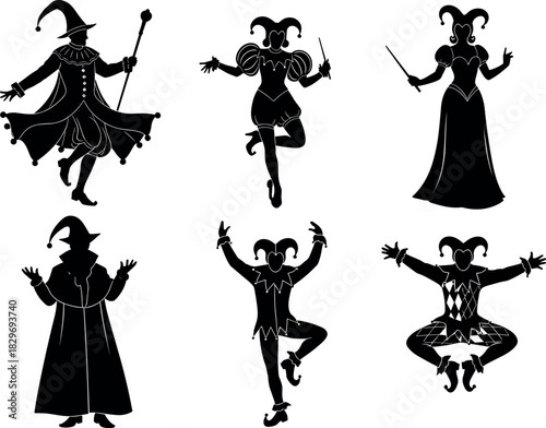 Black silhouette vector set of fantasy characters including wizards and jesters in dynamic poses, perfect for carnival, theatre, medieval, magic, and masquerade party themed design elements.