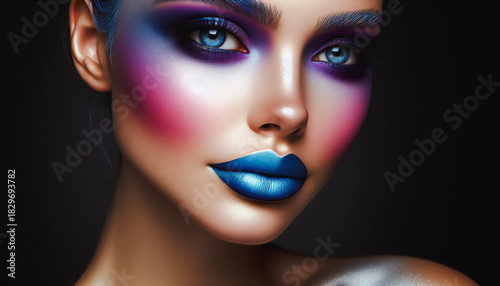 New Year Makeup 2026 Glamour Beauty Portrait with Gold Glitter Eyes and Red Lips Vertical Copy Space