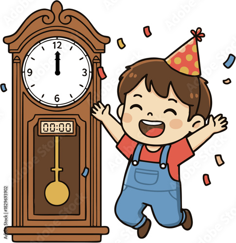 Happy New Year! A cheerful child in a party hat jumps for joy next to a grandfather clock striking midnight, with confetti raining down