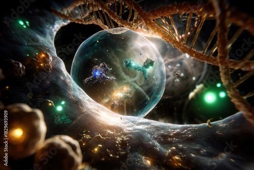 futuristic molecular scene with glowing protein structures inside a transparent cell membrane, surrounded by dna strands and bioluminescent particles in a high tech microscopic environment
