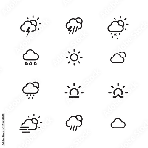 This image displays a grid of twelve simple, black and white weather icons. The icons depict various meteorological conditions such as sunny with clouds, rain, thunderstorms, snow, and sunrise. 