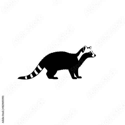 A black and white silhouette of a raccoon standing sideways, showcasing its distinctive masked face and striped tail.