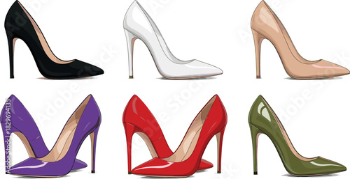 Colorful set of women's fashion stiletto high heels vector illustration, featuring black, white, nude, purple, red, and olive green classic pointed-toe pump shoes for design projects.