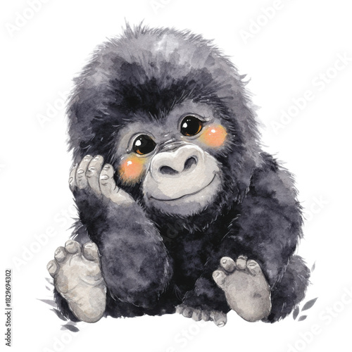 A baby gorilla is sitting on its back legs