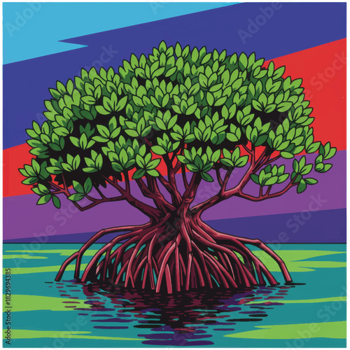 Stylized pop art illustration of a single mangrove tree.