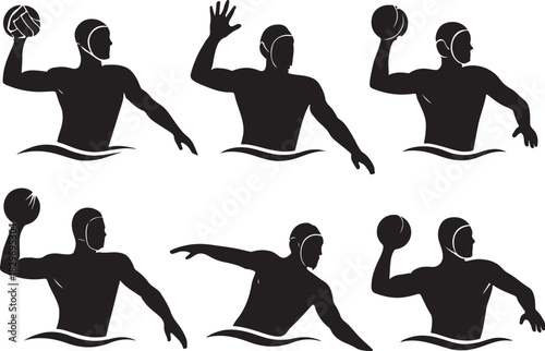 Water polo player silhouettes vector set in action poses for sport graphics