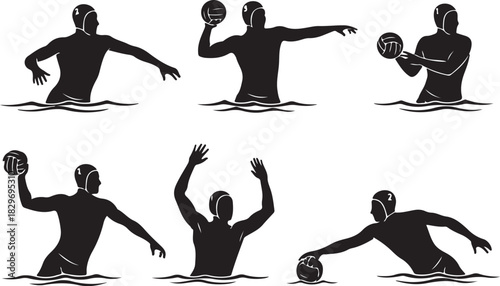 Water polo players silhouettes collection in action poses, a sport vector graphics.