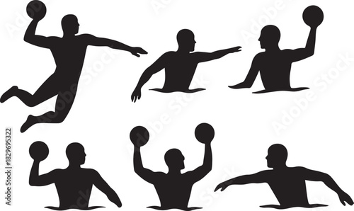 Water polo player action silhouettes: dynamic poses, sports competition, vector