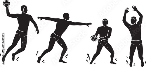 Water polo player silhouettes in dynamic action poses, competitive sport