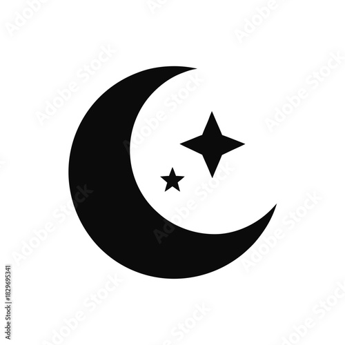 Black crescent moon with two stars in the night on transparent background silhouette