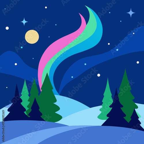 Colorful aurora borealis over a winter landscape with pine trees