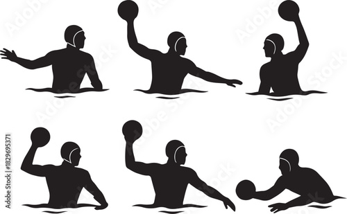 Water polo player silhouettes in active game poses, competitive water sport