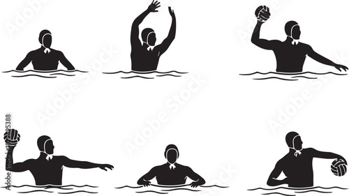 Water polo players in various active poses, black silhouettes in water sport.