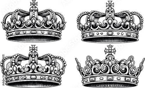 Set of four detailed vintage royal crown vector illustrations in black and white engraving style, symbolizing monarchy, authority, queen, king, power, and historical emblem design elements.