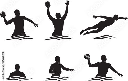 Dynamic water polo player silhouettes set depicting various athletic actions