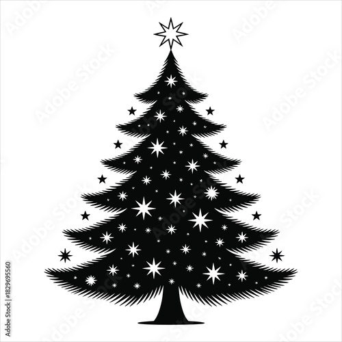 Sparkling stars decorate the black Christmas tree silhouette with star topper on transparent background