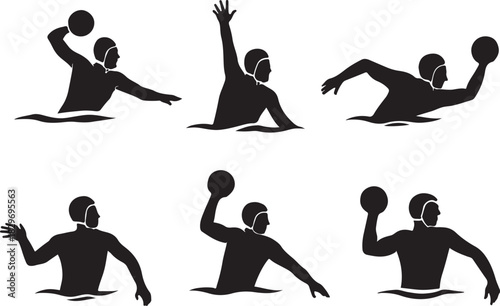 Water polo players silhouettes set, dynamic aquatic sports action poses