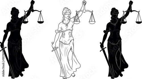 Symbolic Lady Justice Vector Graphic in Silhouette and Line Art Styles, Representing Blind Justice, Equity, Law, Order, and the Modern Legal System