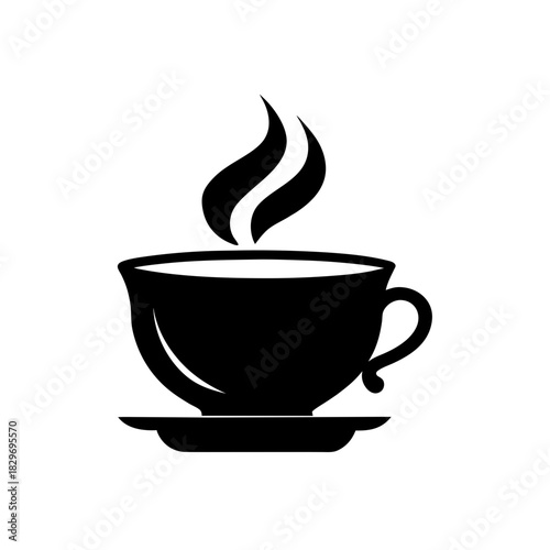 Black silhouette of a cup with steam on saucer on transparent background
