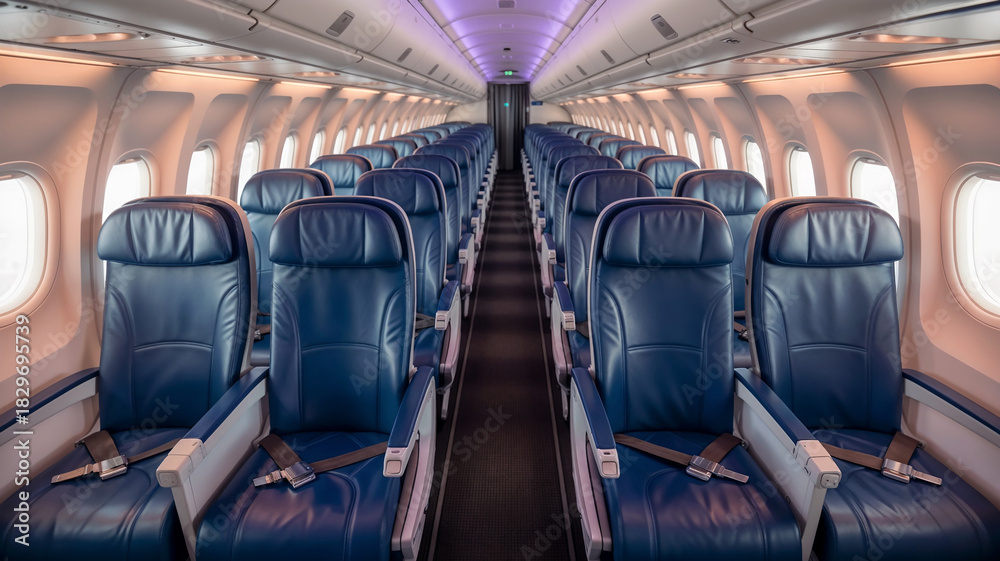 Fototapeta premium Aircraft cabin interior with rows of modern seats.