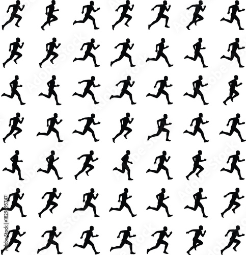 Seamless vector pattern of running man silhouettes in varied sprint poses, athletic motion icons for sports fitness design poster background