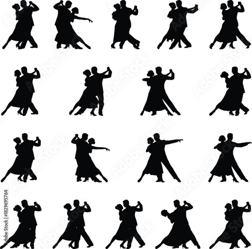 Elegant seamless vector pattern of ballroom dance couple silhouettes in tango and waltz poses for vintage music poster background design