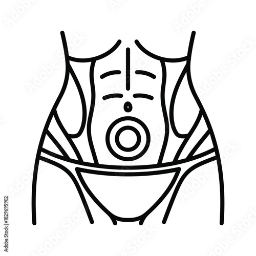 Outline icon illustrating female abdominal muscle anatomy with focus on core structure and navel area, isolated on