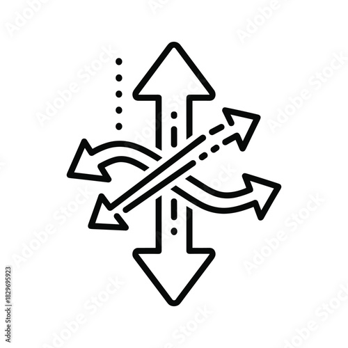 Abstract line art icon representing multiple directions, choice, path, and decision making, isolated on