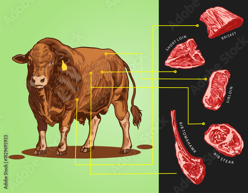 Cattle/Cow Illustration with Beef Cuts – Educational Meat Chart Design