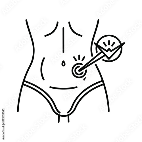 Line icon representing abdominal pain or stomach ache in a female torso, isolated on
