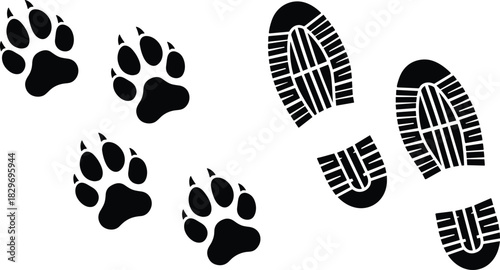 Black vector paw prints and boot footprints silhouettes on white background showing animal and human tracks, tracking and contrast concept