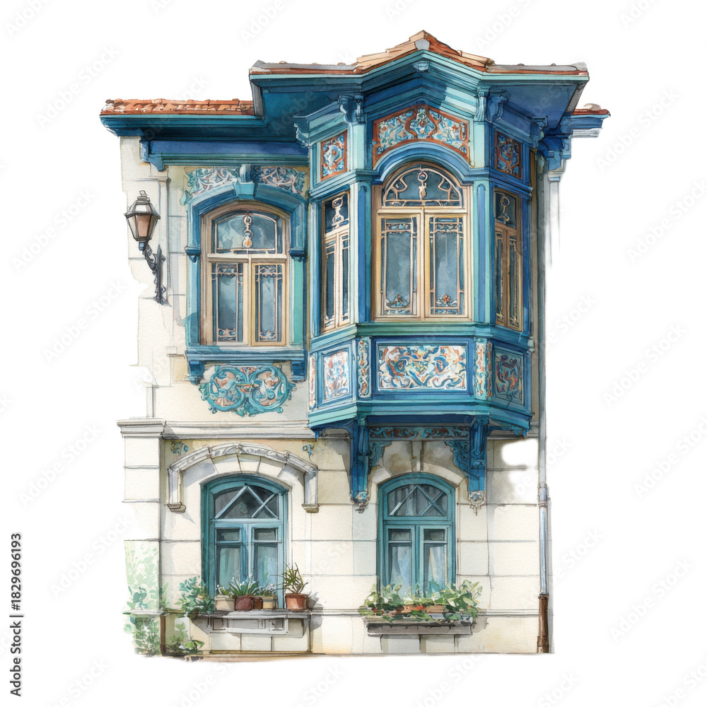 Fototapeta premium A blue building with a balcony