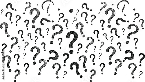 Hand-drawn sketchy question mark pattern vector background representing confusion, curiosity, inquiry, brainstorming, doubt, ideas, and conceptual communication symbols for design