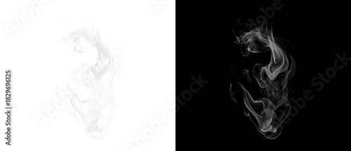Two abstract black and white images of flowing smoke or water