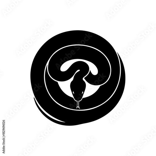 Black silhouette of a snake coiled into a perfect circular shape, with its head in the center.