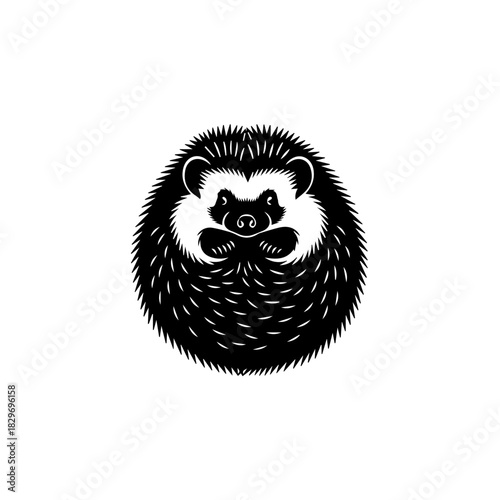Stylized black and white illustration of a hedgehog curled into a defensive ball, facing forward with a detailed snout and ears.