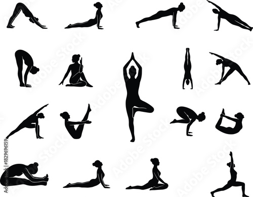 Black yoga pose silhouettes collection displaying various stretching, balancing, meditative and advanced flexibility positions for wellness, fitness, mindfulness, design vector
