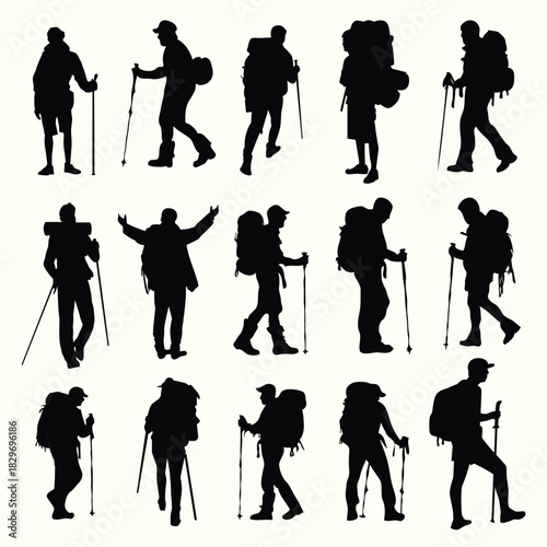 High-quality silhouettes of hikers and backpackers in various trekking poses with walking sticks, outdoor gear, and travel equipment. Ideal for adventure branding, camping graphics, travel posters.