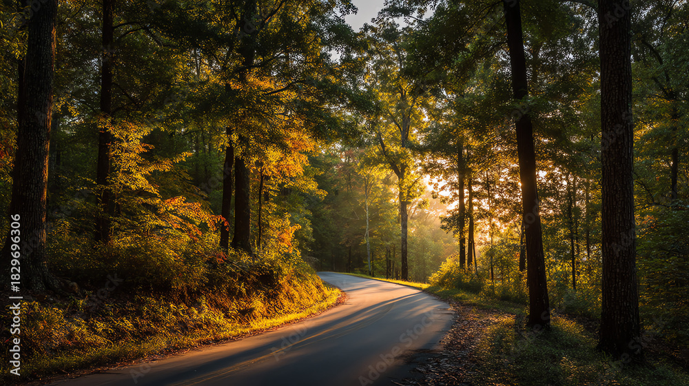 Fototapeta premium A serene winding road through a lush forest, illuminated by warm sunlight filtering through vibrant green foliage.