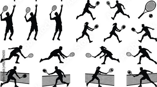 Dynamic tennis player silhouette collection featuring powerful serves, fast movements, competitive matches and athletic racket action for high-impact vector sports design